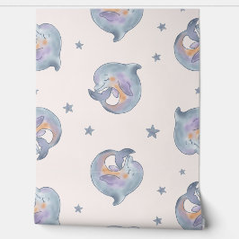 Papel Pintado Delfín en acuarela y patrón continuo de estrellas