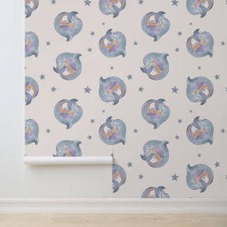 Papel Pintado Delfín en acuarela y patrón continuo de estrellas