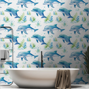 Papel Pintado Delfines nadando verde azul sobre fondo de escrito