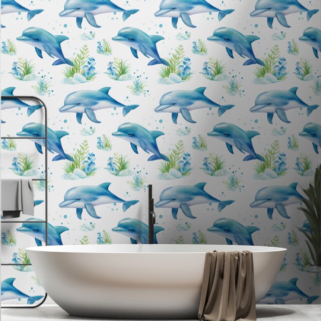 Papel Pintado Delfines nadando verde azul sobre fondo de escrito (Subido por el creador)