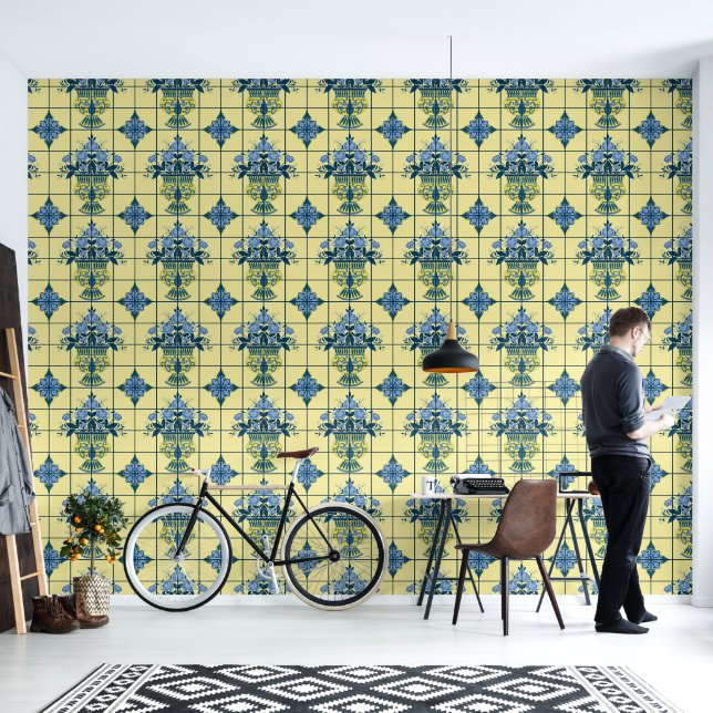 Papel Pintado Delft Tile Blue White (Sala de estar)