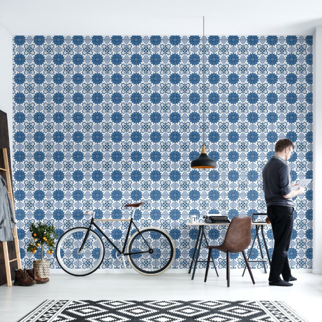 Papel Pintado Delft Tile Blue White (Sala de estar)
