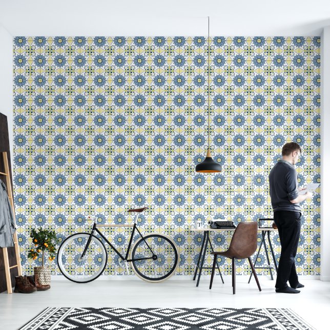 Papel Pintado Delft Tile Blue White (Sala de estar)