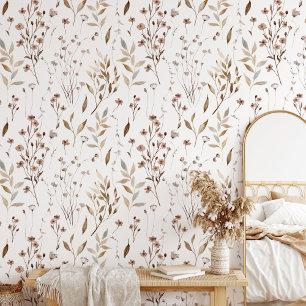 Papel Pintado Delicado Patrón de Hojas y Flores Silvestres Marro