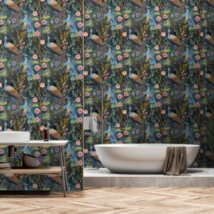 Papel Pintado Desmontable botánico de pavo real floral oscuro