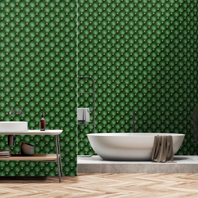 Papel Pintado Diamante de oro verde tufado (Baño)