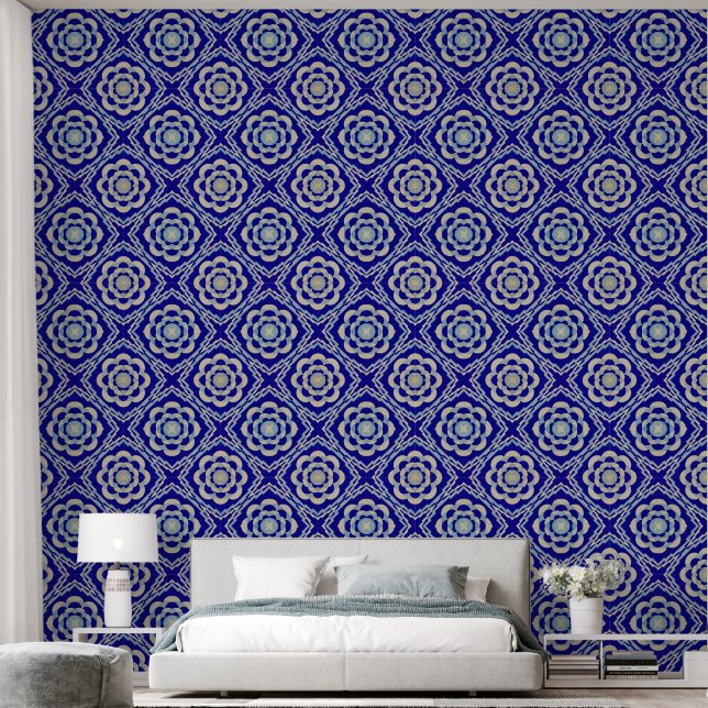 Papel Pintado Diamante Kaleidoscopio Blanco Azul Seamless (Dormitorio)
