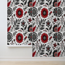 Papel Pintado Dibujar flores y hojas en rojo y negro
