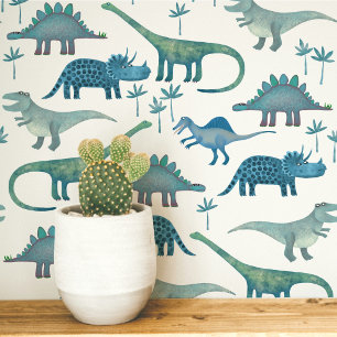 Papel Pintado Dinosaurio Divertido Patrón Azul Blanco Niños