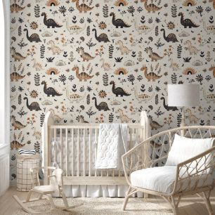 Papel Pintado Dinosaurio Mascota Dino Bebé Niño Neutral Marrón B