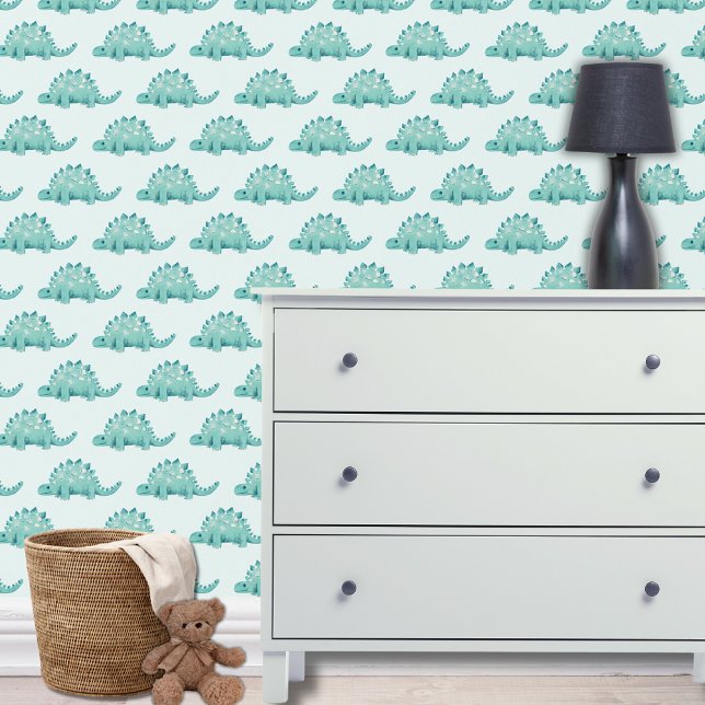 Papel Pintado Dinosaurio stegosaurus niños (Dinosaur wallpaper with stegosaurus design on mint background for boys bedroom, playroom or nursery.)