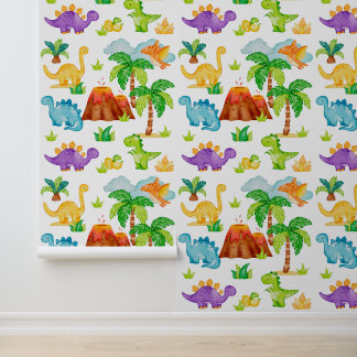 Papel Pintado Dinosaurios Trex Volcán Palmeras Niños