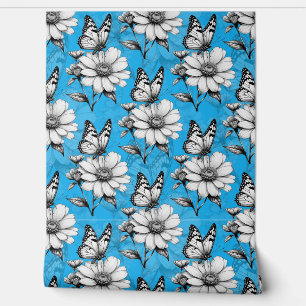 Papel Pintado Diseño azul del patrón de flor de mariposa
