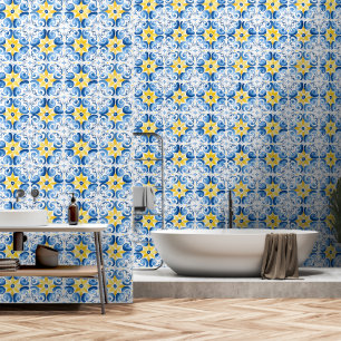 Papel Pintado Diseño de Baldosa Mediterránea Azul Amarillo Flora