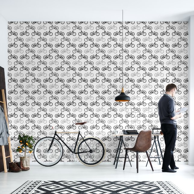 Papel Pintado Diseño de bicicletas monocromáticas de gris blanco (Sala de estar)