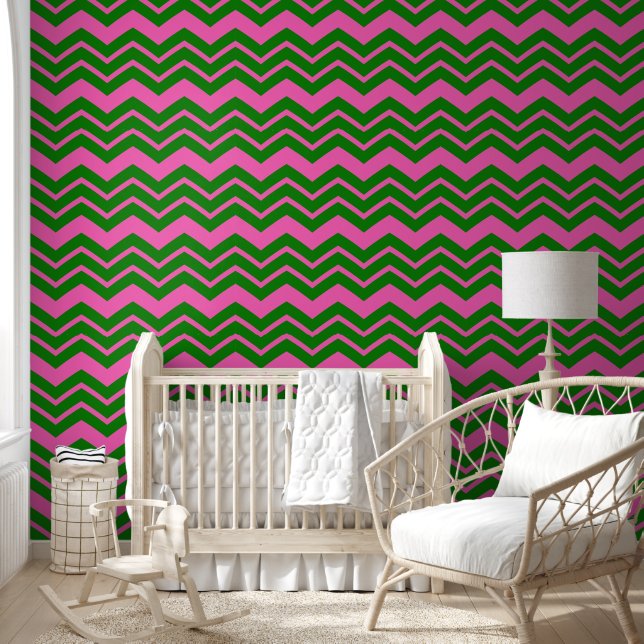 Papel Pintado Diseño de Chevron Zigzag Verde Rosa (Niños)