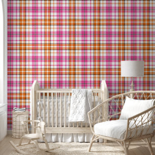 Papel Pintado Diseño de cuadros escoceses blanco rosa naranja