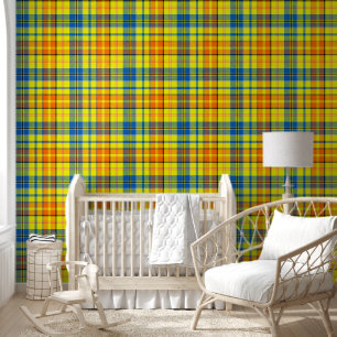 Papel Pintado Diseño de cuadros escoceses naranja azul amarillo
