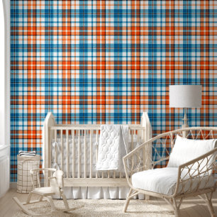 Papel Pintado Diseño de cuadros escoceses naranja azul blanco