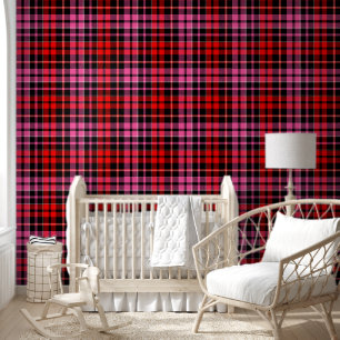 Papel Pintado Diseño de cuadros escoceses rojo negro y rosa