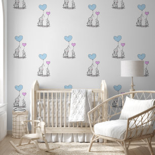 Papel Pintado Diseño de elefantes bebés y globos de corazón azul