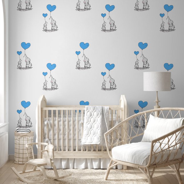 Papel Pintado Diseño de elefantes bebés y globos de corazón azul (Niños)