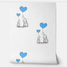 Papel Pintado Diseño de elefantes bebés y globos de corazón azul