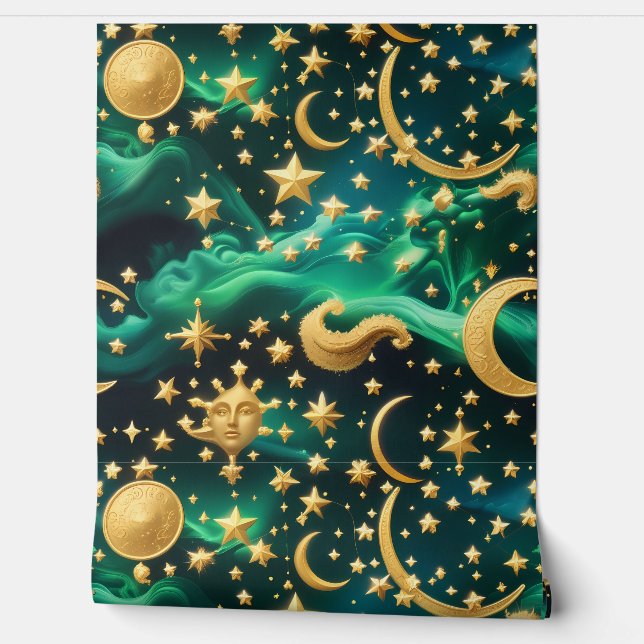 Papel pintado - Diseño de luna celestial esmeralda (Desenrollar)