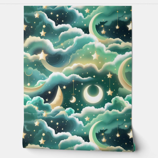 Papel pintado - Diseño de luna celestial verde men (Desenrollar)
