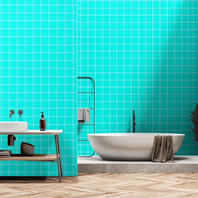 Papel Pintado Diseño de mosaicos turquesa de agua a rayas verde  (Baño)