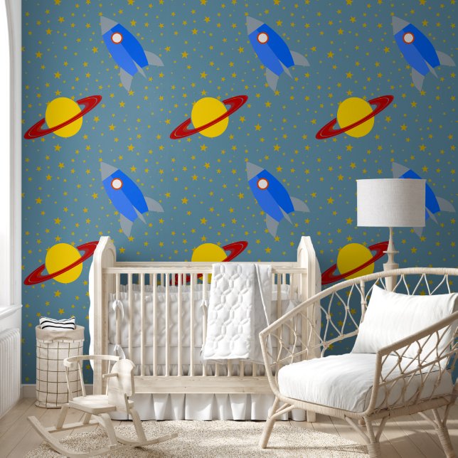 Papel Pintado Diseño de nave espacial a Saturno (Niños)