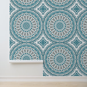 Papel Pintado Diseño de patrón de mandala azul y taupe
