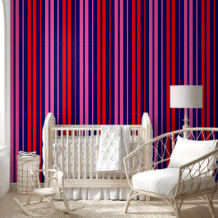 Papel Pintado Diseño de rayas verticales rosa rojo azul marino 