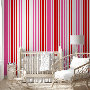 Papel Pintado Diseño de rayas verticales rosadas blancas rojas