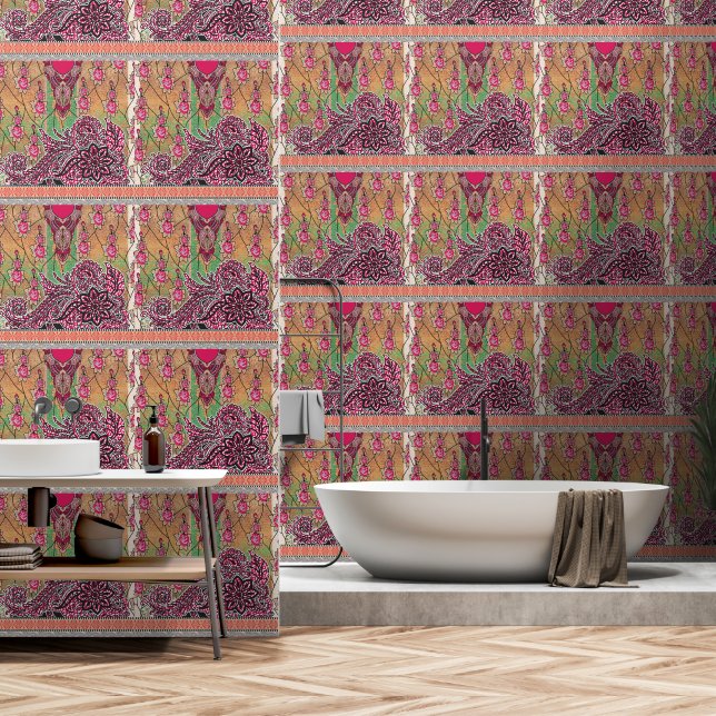 Papel Pintado diseño de un patrón de paisajes rosa y marrón (Baño)