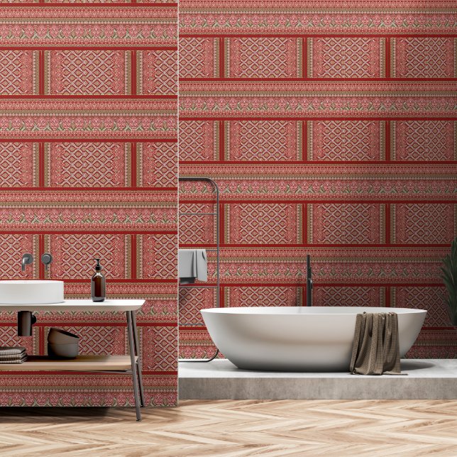 Papel Pintado diseño de un patrón rojo y beige_ (Baño)