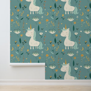 Papel Pintado Diseño de unicornio boho, colores pastel mudos, vi