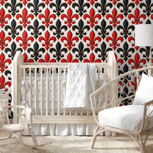 Papel Pintado Diseño del patrón rojo negro barroco Fleur-de-lis