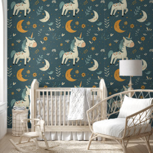 Papel Pintado Diseño del vivero del unicornio boho, verde oscuro