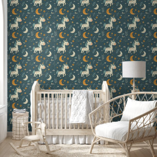 Papel Pintado Diseño del vivero del unicornio boho, verde oscuro