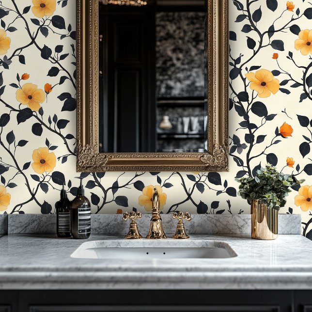 Papel Pintado Diseño floral amarillo con vinos negros (Subido por el creador)