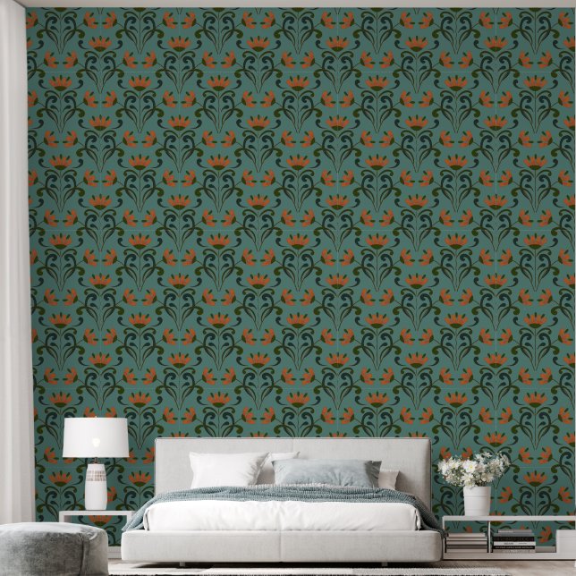 Papel Pintado Diseño floral de Art Nouveau sobre fondo verde Ver (Dormitorio)