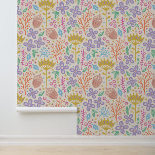 Papel Pintado Diseño floral retro con flores y frutas.
