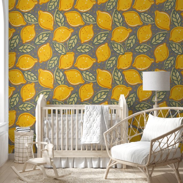 Papel Pintado Diseño floral retro con limones. (Niños)