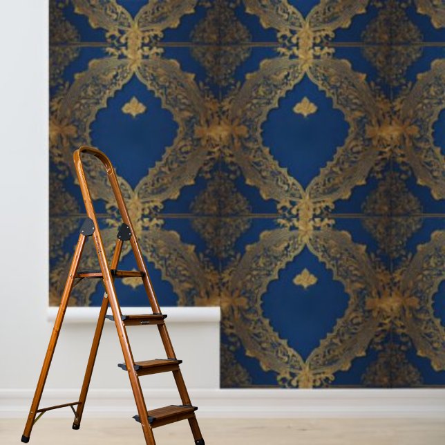 Papel Pintado Diseño inspirado en Peel y Stick Indian Blue Gold (Peel and Stick Indian inspired design Blue Gold Wallpaper)
