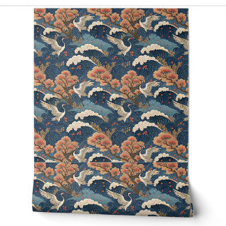 Papel Pintado Diseño Japonés Grulla y Flor de Cerezo Chinoiserie