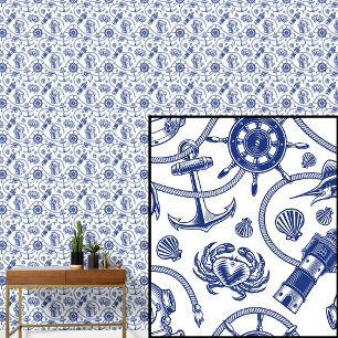 Papel Pintado Diseño náutico azul marino en blanco