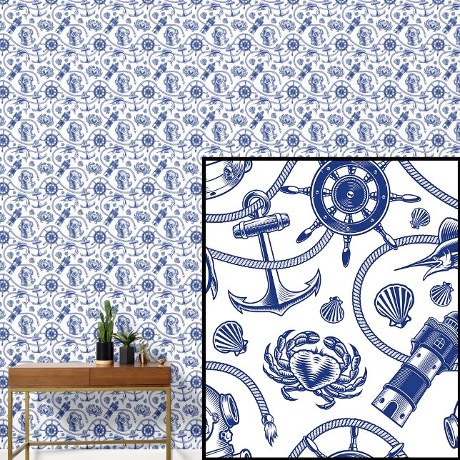 Papel Pintado Diseño náutico azul marino en blanco (Subido por el creador)