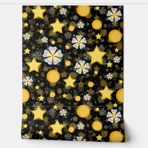 Papel Pintado Diseño negro con flores estrellas sol brillo