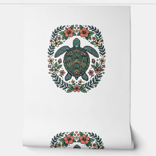 Papel Pintado Diseño vectorial floral de tortuga marina vintage_